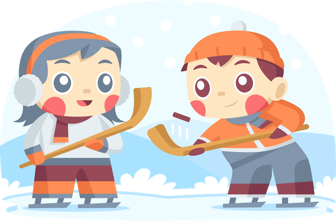 Niños jugando hockey sobre hielo en invierno  Ilustración