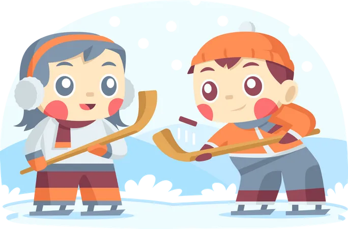 Niños jugando hockey sobre hielo en invierno  Ilustración