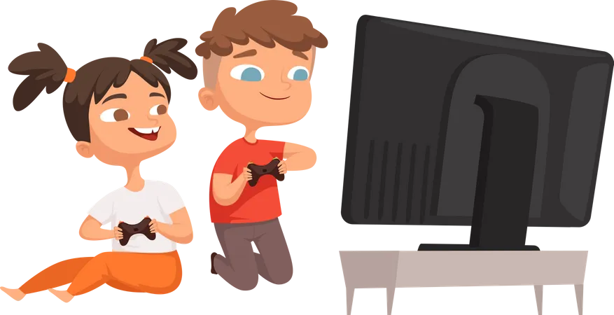 Niños jugando videojuegos  Ilustración