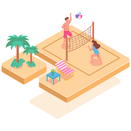 Niños jugando voleibol en la playa  Ilustración