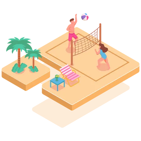 Niños jugando voleibol en la playa  Ilustración