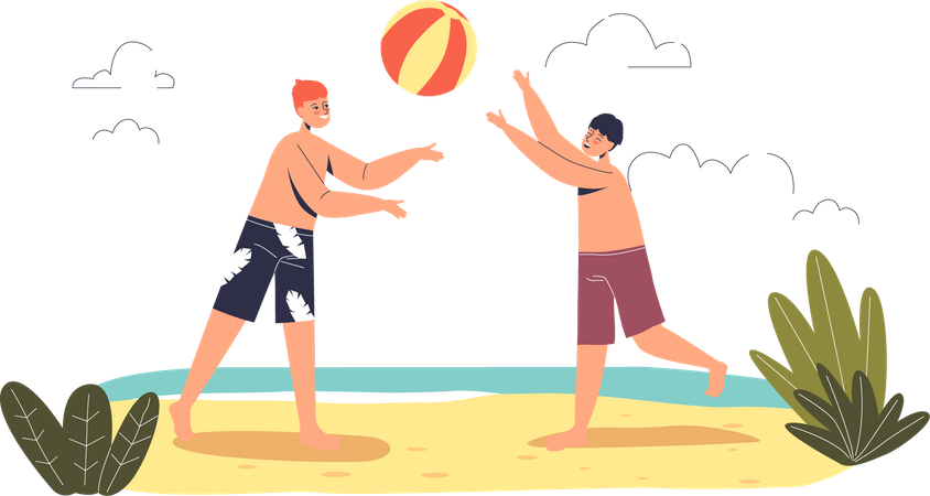 Niños jugando voleibol en la playa  Ilustración