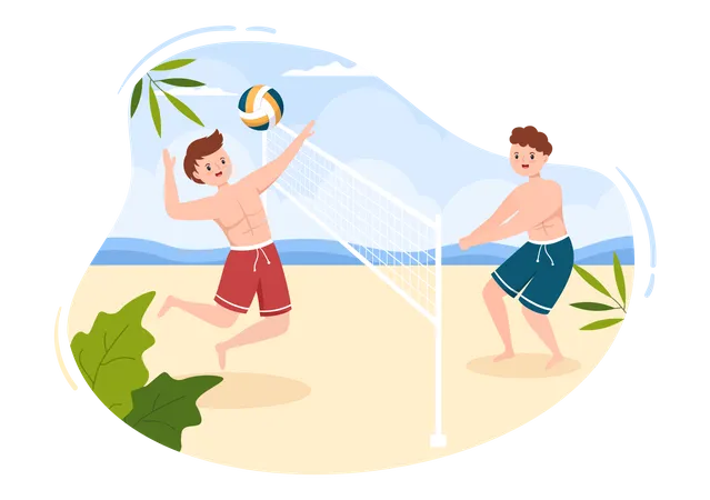 Niños jugando voleibol en la playa  Ilustración