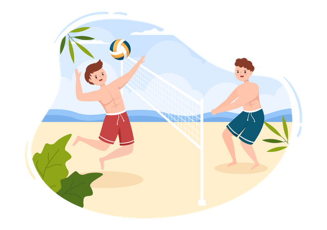 Niños jugando voleibol en la playa  Ilustración