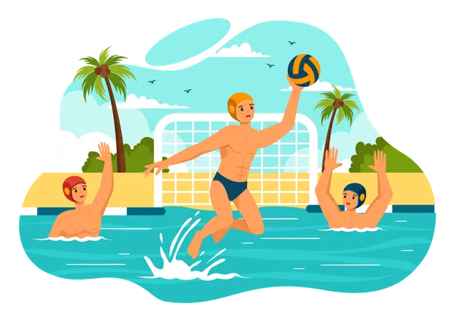 Niños jugando Waterpolo en la piscina  Ilustración