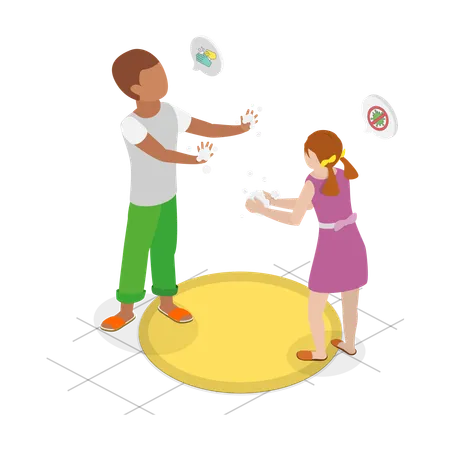 Los niños se limpian las manos con jabón  Ilustración