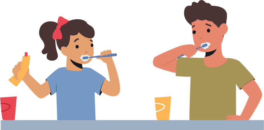 Niños limpiando sus dientes  Ilustración