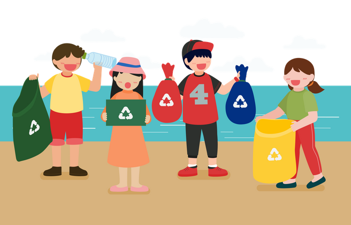 Niños limpiando la playa  Ilustración