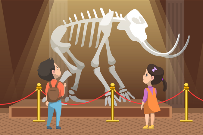 Niños mirando el esqueleto de un animal prehistórico en el museo  Ilustración