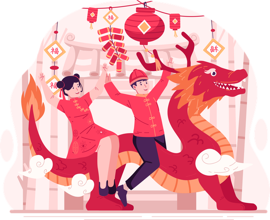 Niños montados en un dragón chino  Ilustración