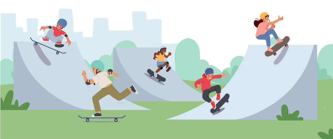 Niños montando en patineta en el parque de la ciudad  Ilustración