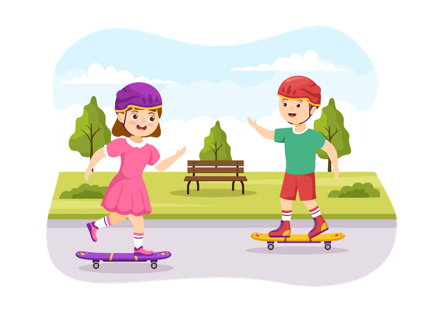 Niños montando patineta  Ilustración