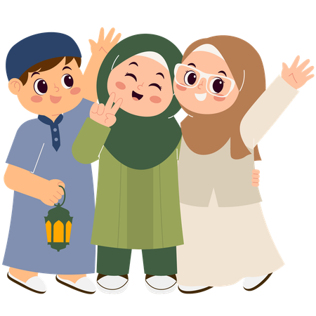 Niños musulmanes celebrando Eid Mubarak  Ilustración
