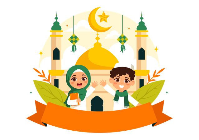 Niños musulmanes celebrando el Eid al-Fitr  Ilustración