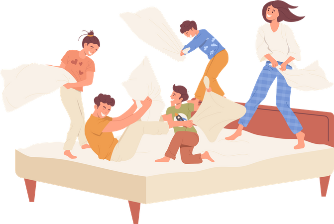 Niños muy contentos divirtiéndose con padres emocionados peleando con almohadas en la cama en el dormitorio de casa  Illustration