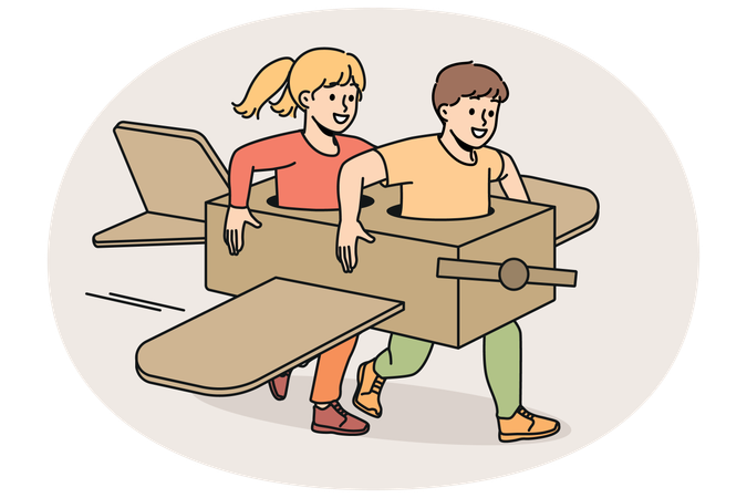 Niños muy contentos juegan en un avión de papel hecho a mano  Illustration