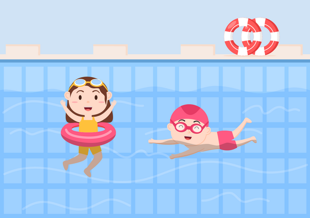 Los niños nadan en la piscina.  Ilustración