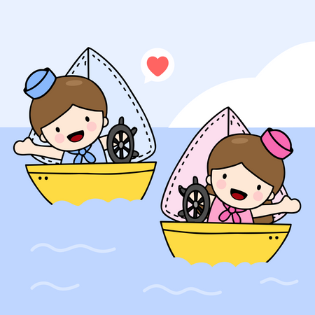 Niños navegando en barco  Ilustración