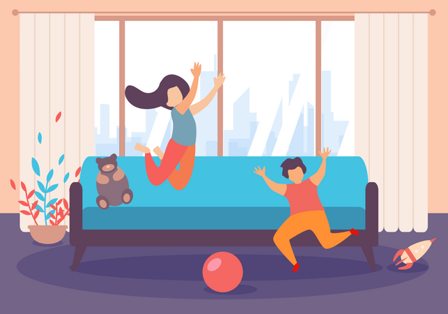 Niños niño y niña saltando y jugando dentro de la sala de estar  Ilustración