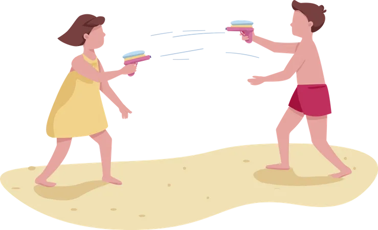 Niños peleando con pistolas de agua.  Ilustración