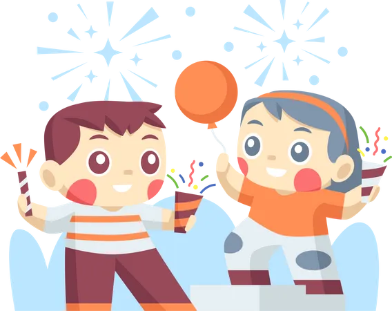 Niños pequeños celebrando la fiesta de año nuevo  Ilustración