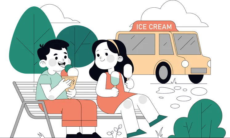 Niños pequeños comiendo helado en el jardín  Ilustración