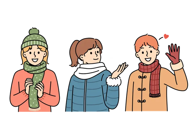 Niños pequeños vestidos de invierno se encuentran bajo la nieve que cae y se regocijan al inicio del fin de semana de Navidad  Illustration