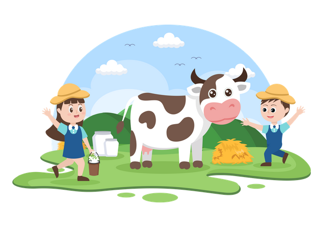 Niños pequeños con vaca  Ilustración