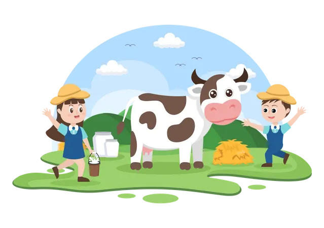 Niños pequeños con vaca  Ilustración