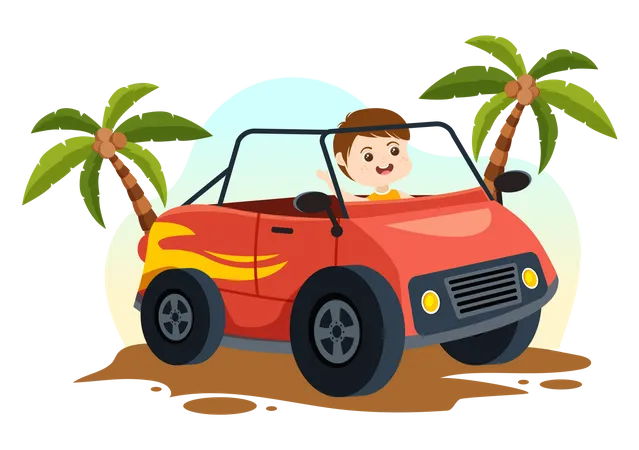 Ilustracion Todoterreno Con Ninos Pequenos Conduciendo Un Jeep Para Conducir A Traves De Terreno Arenoso En Una Plantilla Dibujada A Mano De Dibujos Animados De Deportes Extremos Planos Ilustración
