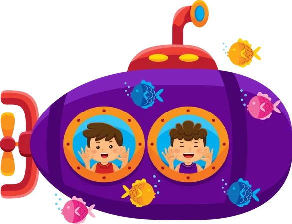 Niños pequeños divirtiéndose en un submarino  Ilustración
