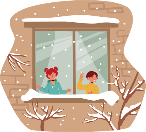 Niños pequeños mirando la primera nevada a través de la ventana de casa  Ilustración