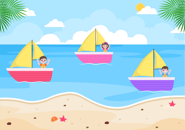 Niños pequeños navegando en barco  Ilustración