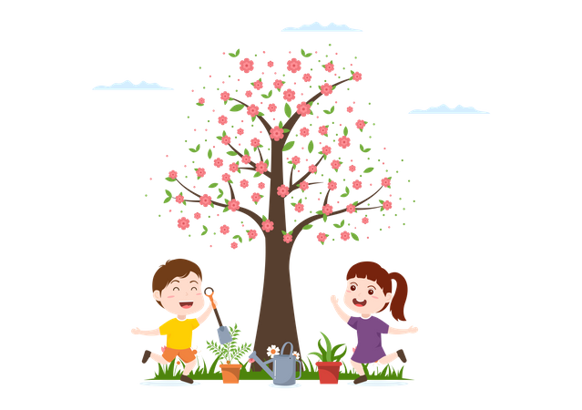 Niños pequeños plantando árboles  Ilustración