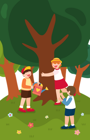 Niños pequeños regando el árbol  Ilustración