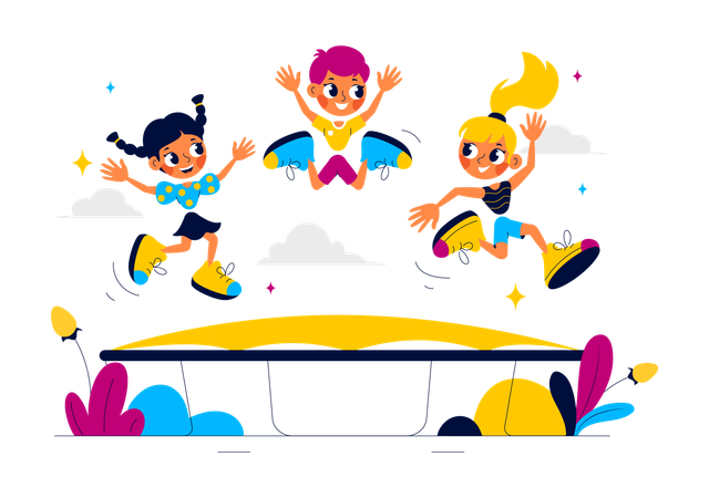 Niños pequeños saltando en trampolín  Ilustración