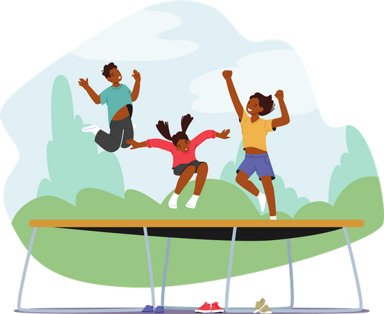 Niños pequeños saltando en trampolín  Ilustración