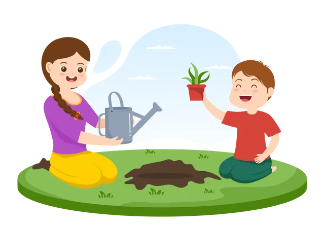 Niños plantando arboles  Ilustración