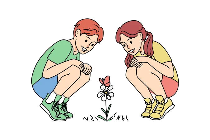 Niños plantando flores  Ilustración