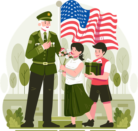 Niños entregando flores y obsequios a un veterano veterano con uniforme militar como señal de saludo y respeto en el Día de los Veteranos  Ilustración