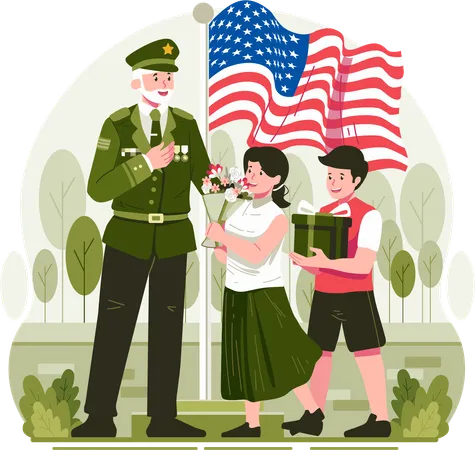 Niños entregando flores y obsequios a un veterano veterano con uniforme militar como señal de saludo y respeto en el Día de los Veteranos  Ilustración