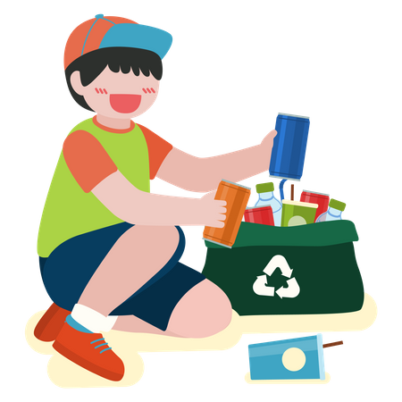 Los niños recogen botellas de plástico en una bolsa de reciclaje.  Ilustración