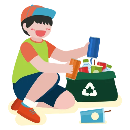 Los niños recogen botellas de plástico en una bolsa de reciclaje.  Ilustración