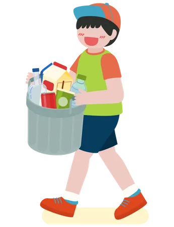 Los niños recogen botellas de plástico en contenedores de reciclaje  Ilustración