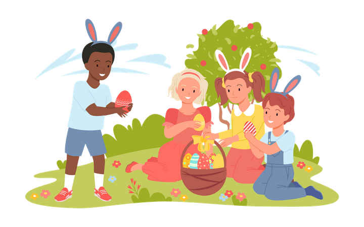 Niños recogiendo huevos de Pascua  Ilustración