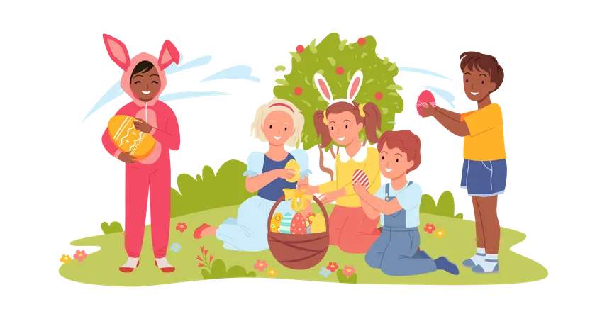 Niños recogiendo huevos de Pascua  Ilustración