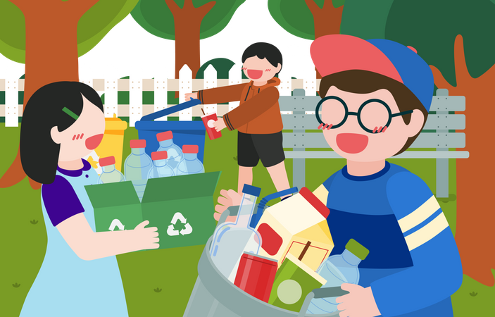 Niños recogiendo residuos reciclados en el parque  Ilustración