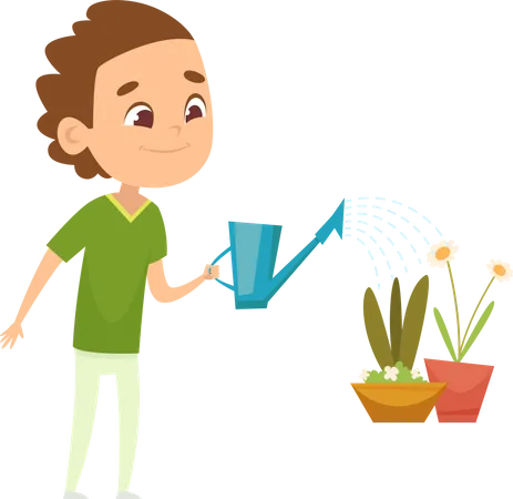 Niño regando plantas en casa.  Ilustración