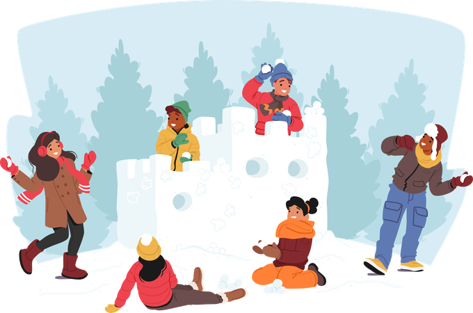 Niños risueños participan en épicas peleas de bolas de nieve en Snowy Fortress  Ilustración