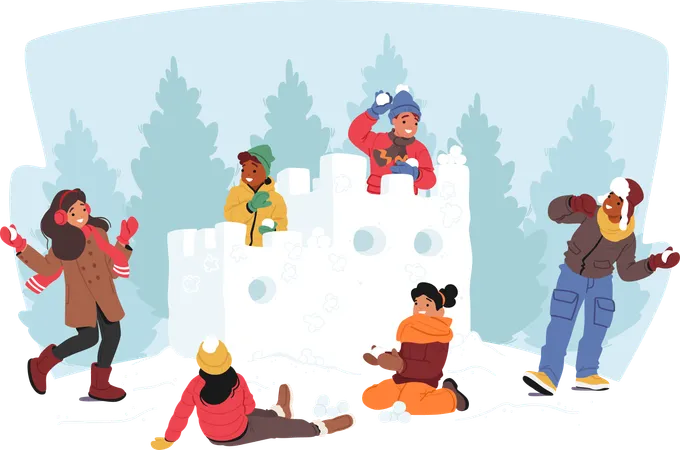 Niños risueños participan en épicas peleas de bolas de nieve en Snowy Fortress  Ilustración
